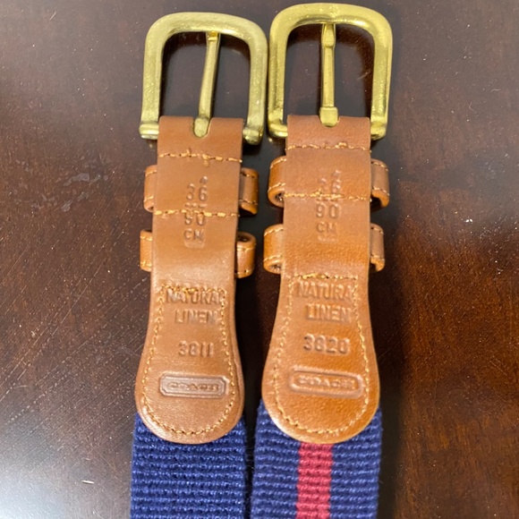 2 Vintage Coach Belts Unisex 36 Navy • Navy/Red Natural Linen & Leather Brass main image 8